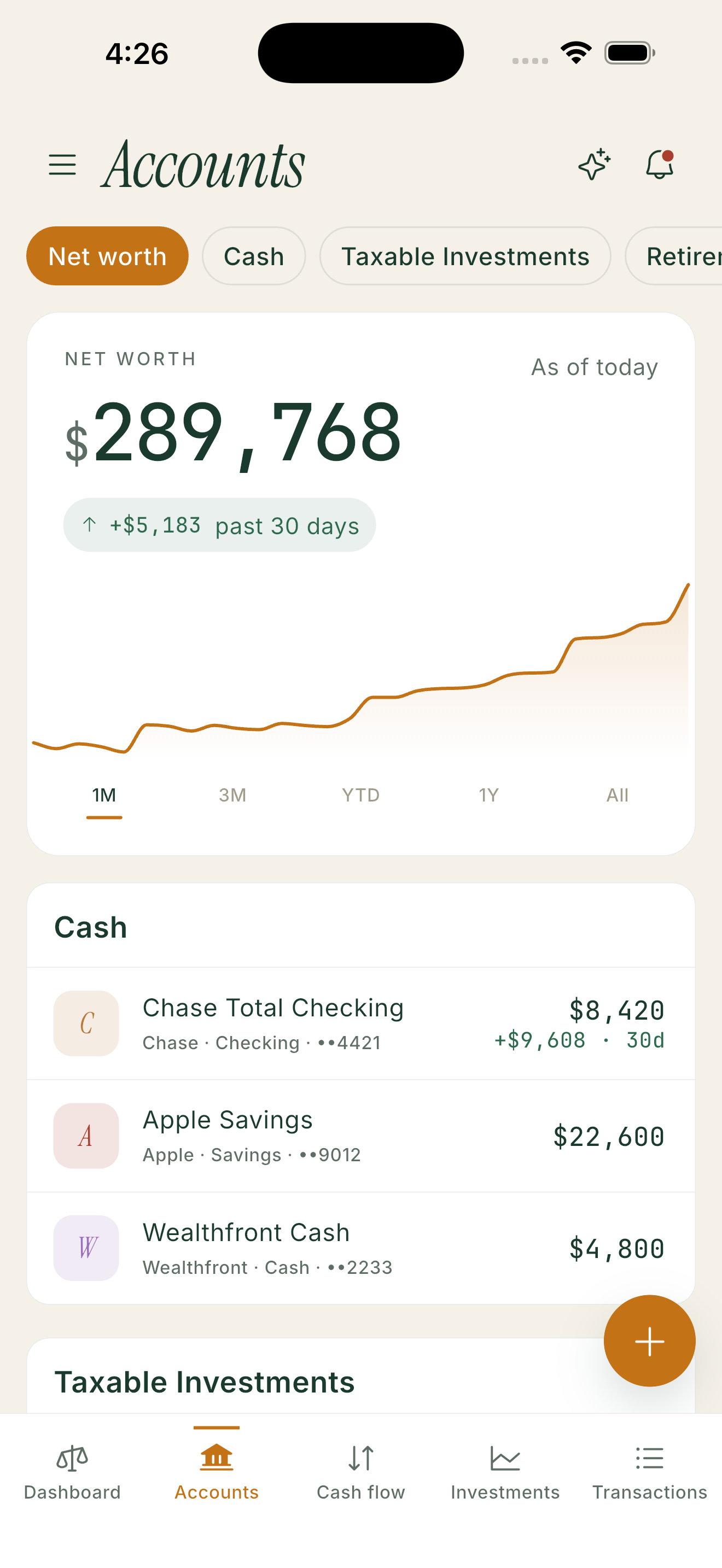 Accounts grouped into cash, taxable investments and retirement