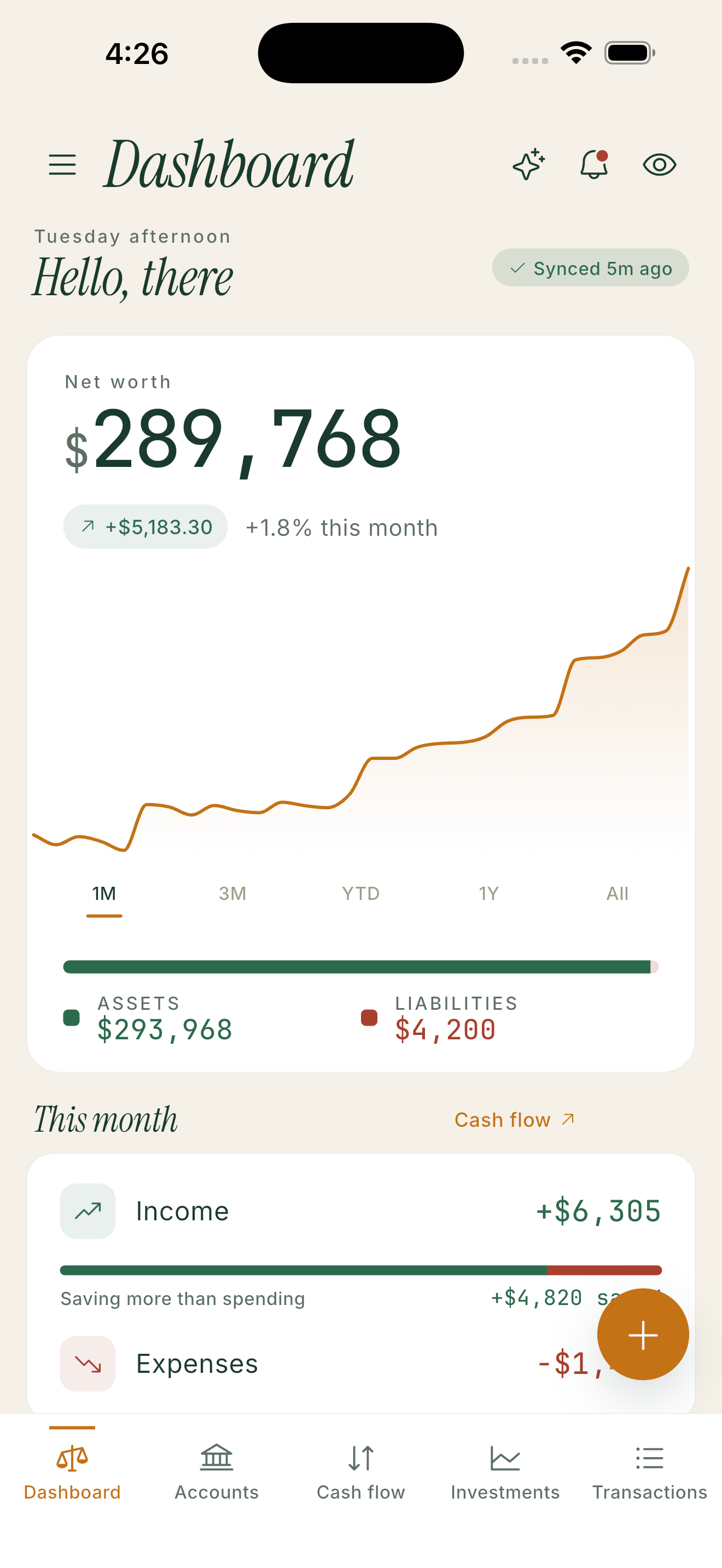 The dashboard, with net worth and its history