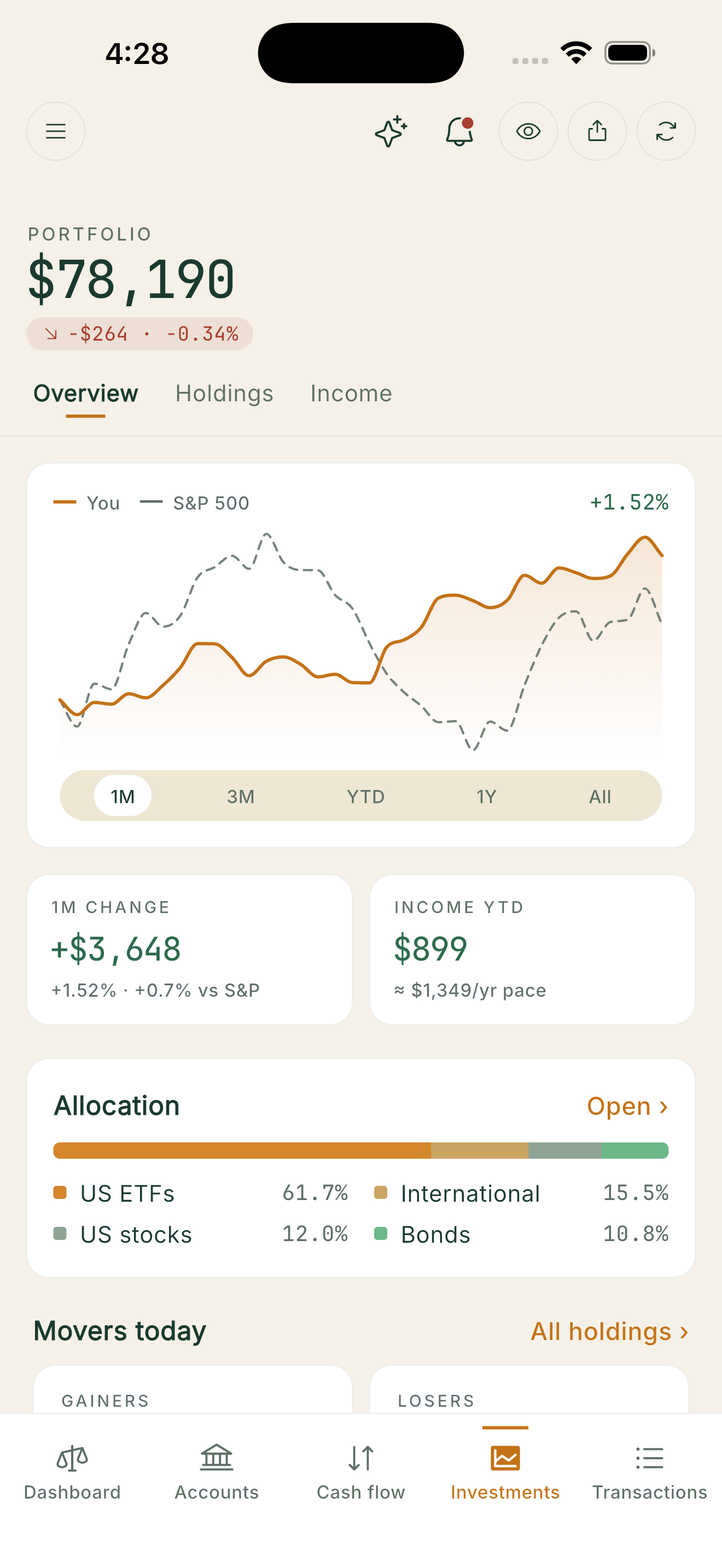 Investments, with balance history and allocation