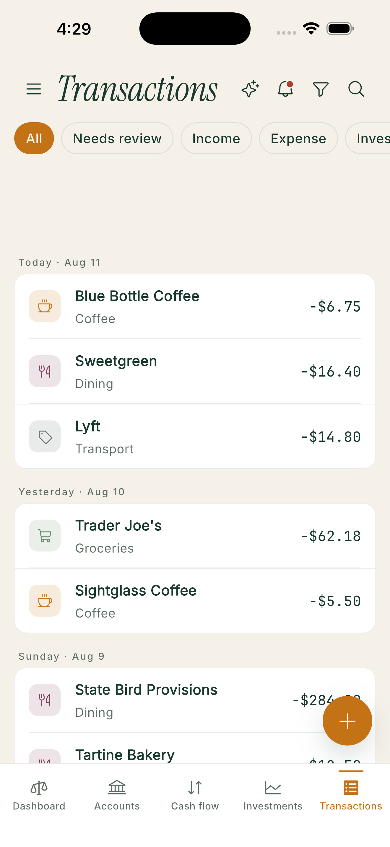 Transactions with filters for needs review, income and expense